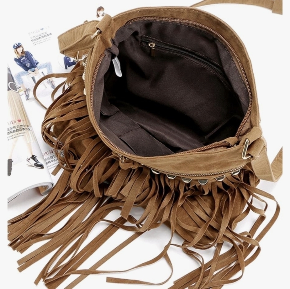 Boho Purse Fringe Bohemian Shoulder PU Suede Faux Leather 70s Hippie Style Purse - Picture 7 of 7